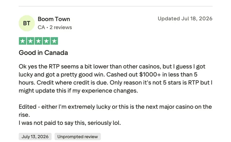 Trustpilot-Bewertung von Boom Town zu SlotRave: 5 von 5 Sternen, „Gut in Kanada“, 13. Juli 2026