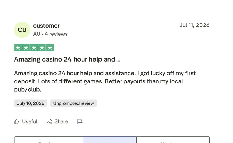 Trustpilot-Bewertung von customer zu SlotRave: 5 von 5 Sternen, „Tolles Casino, Hilfe rund um die Uhr“, 11. Juli 2026