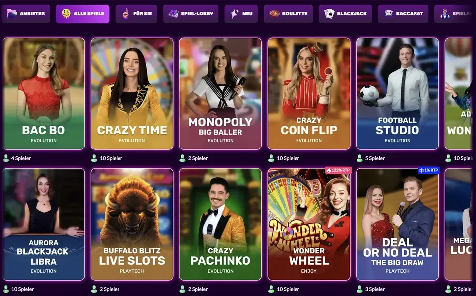 SlotRave Live-Casino Lobby: Bac Bo, Crazy Time, Monopoly Big Baller, Crazy Coin Flip, Football Studio